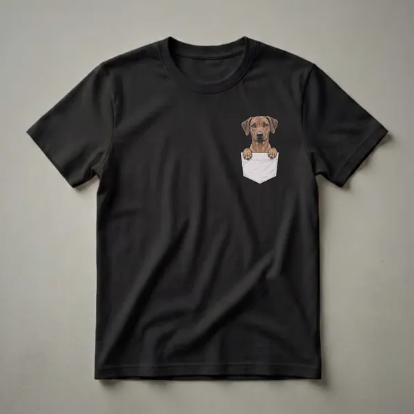 Black t-shirt featuring a detailed drawing of a Rhodesian Ridgeback dog peeking over a light grey sketched pocket, with its paws resting on the pocket's edge.