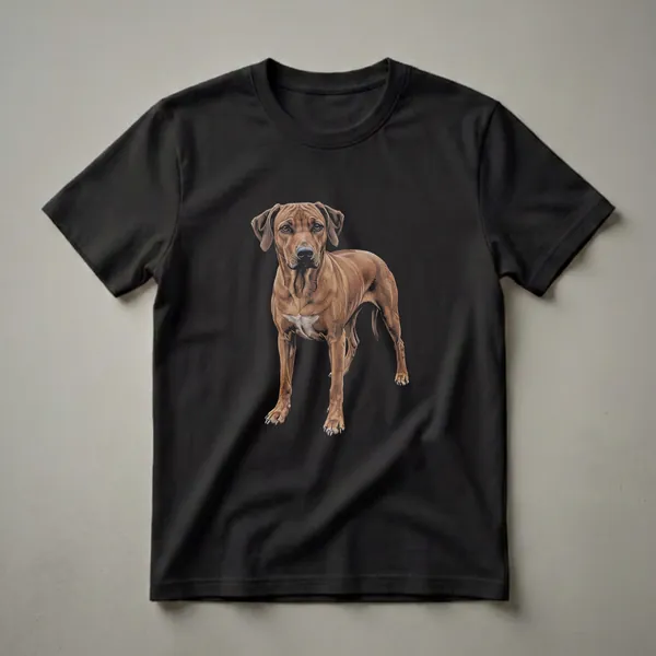 A realistic drawing of a brown Rhodesian Ridgeback dog standing with its head turned slightly, set against a black background.