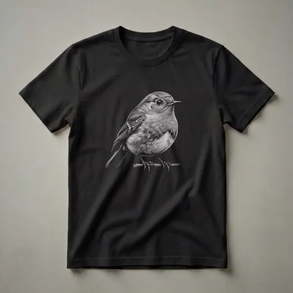 Black and white sketch of an American Robin perched on a branch, printed on a black t-shirt.