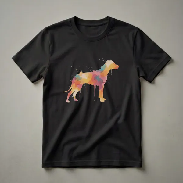 Black t-shirt featuring a silhouette of a Rhodesian Ridgeback dog filled with a colorful watercolor splatter effect in shades of orange, yellow, teal, and pink, with paint drips.