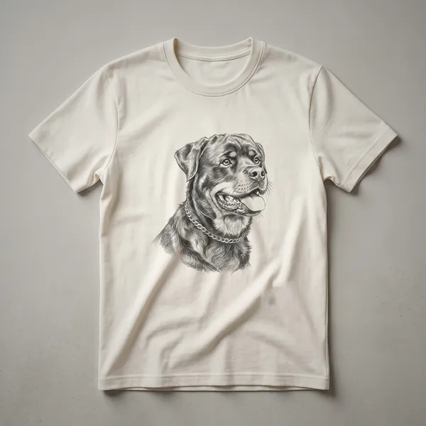 Black and white sketch of a Rottweiler's head and neck, wearing a chain collar, on a dark t-shirt.