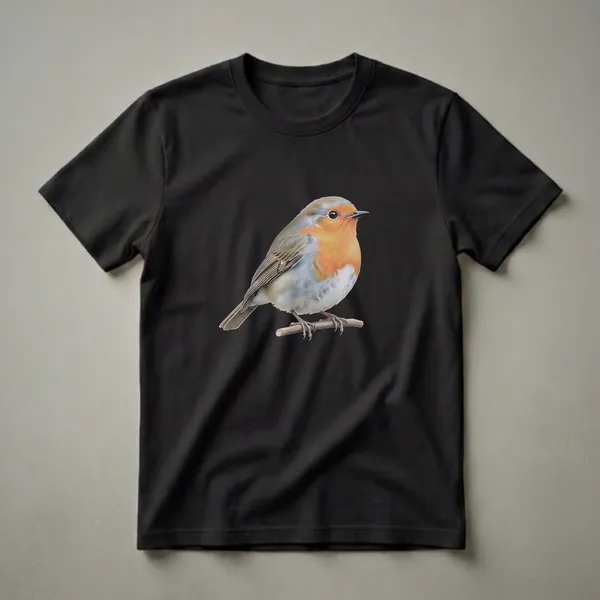 A black t-shirt featuring a detailed vintage drawing of a European Robin perched on a wooden branch, showcasing its orange-red breast and grey-blue wings.
