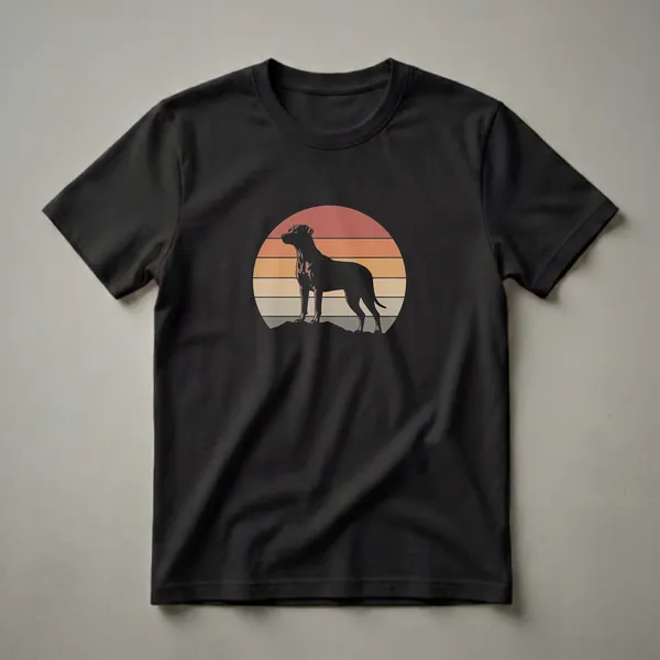 Black silhouette of a Rhodesian Ridgeback dog standing on rocks against a retro sunset with horizontal stripes, on a black t-shirt.