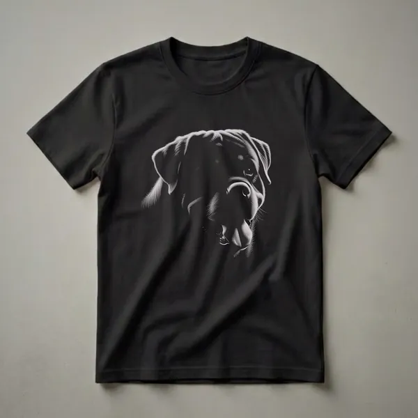 Black and white stippling drawing of a Rottweiler dog's head, showing its face, ears, and tongue, on a black t-shirt.