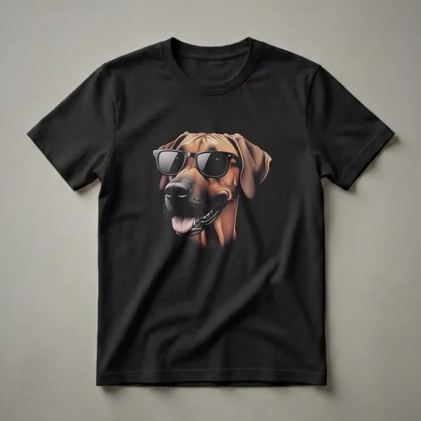 Black t-shirt featuring a detailed drawing of a Rhodesian Ridgeback dog's head wearing black sunglasses, with its tongue slightly out, against a black background.