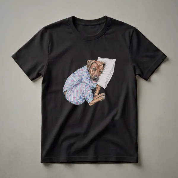 Brown Rhodesian Ridgeback dog sleeping on a white pillow, wearing blue and pink floral pajamas. The dog's tongue is slightly out.