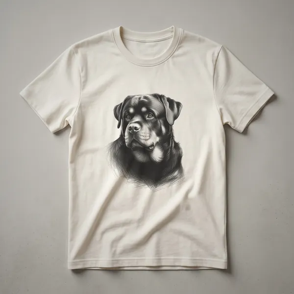 A black t-shirt featuring a vintage line-art sketch of a Rottweiler's head and shoulders, rendered in white outline against a black background.