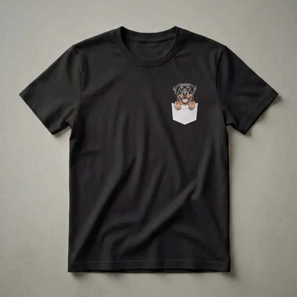 Black t-shirt featuring a detailed drawing of a Rottweiler's head and paws peeking out of a white pocket.