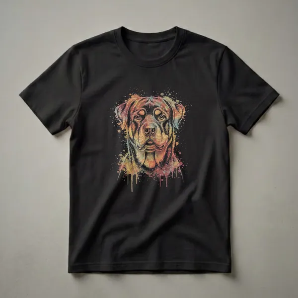 Black t-shirt featuring a close-up, watercolor-style drawing of a Rottweiler's head with colorful paint splatters and drips.