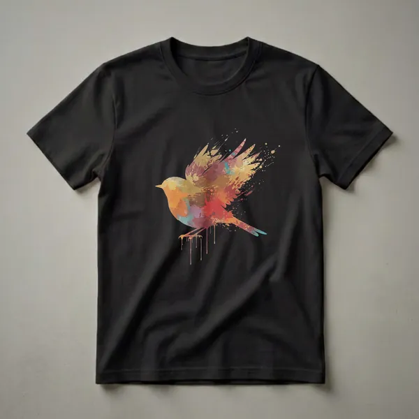 Black t-shirt featuring a silhouette of a robin in flight, depicted with colorful watercolor splatters and drips in shades of orange, yellow, red, and teal.