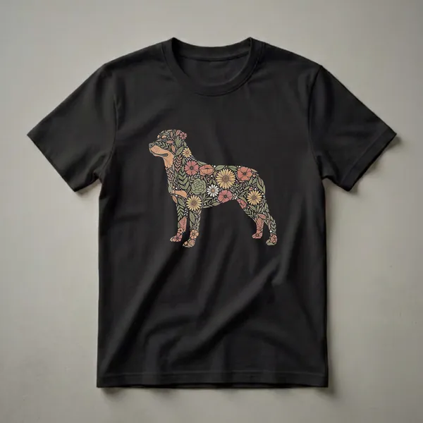 Black t-shirt featuring a Rottweiler silhouette filled with a detailed floral pattern in shades of orange, yellow, green, and rust.