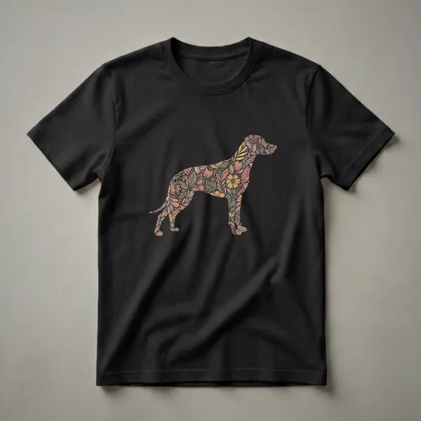 Black t-shirt featuring a silhouette of a Rhodesian Ridgeback dog filled with a detailed pattern of autumnal leaves, flowers, and vines in shades of green, yellow, and rust.