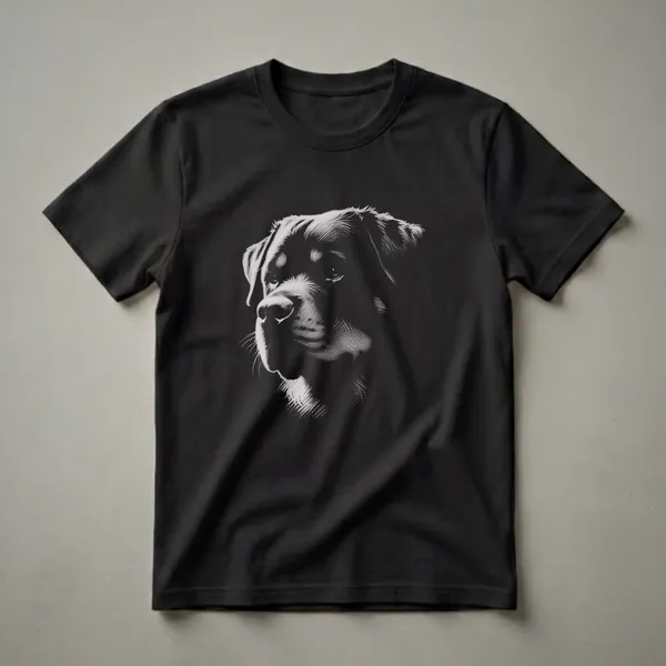 Black t-shirt with a white stippling drawing of a Rottweiler's head facing left, showcasing its facial features and fur texture.