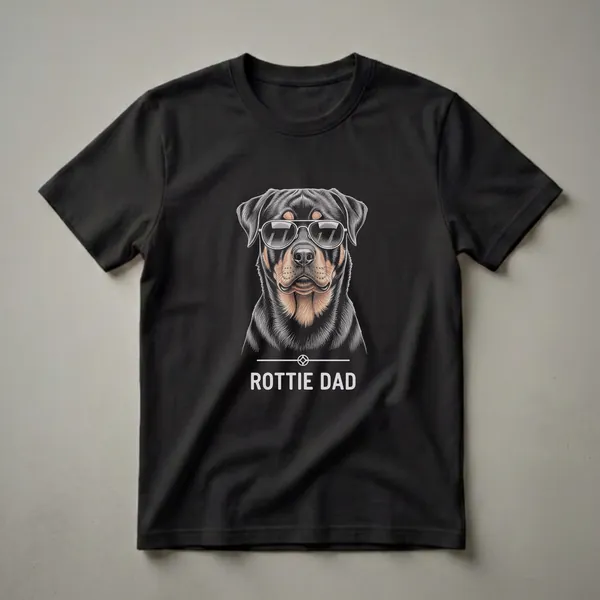 Black t-shirt with a detailed drawing of a Rottweiler wearing aviator sunglasses, with 'ROTTIE DAD' text below.