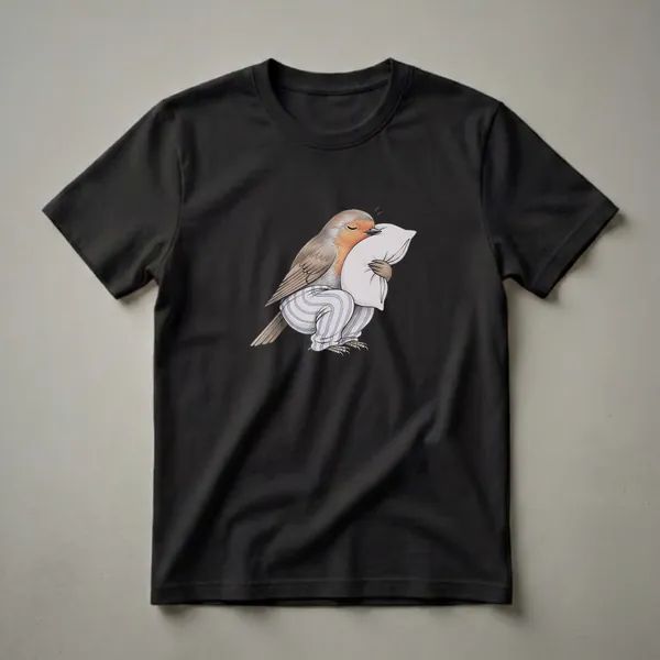 A robin bird wearing blue and white striped pajamas is sleeping soundly on a white pillow, depicted in a colored pencil drawing style on a black background.