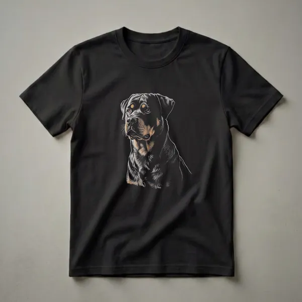 Black t-shirt with a detailed drawing of a Rottweiler's head and upper body, featuring black and tan markings and a dark background.