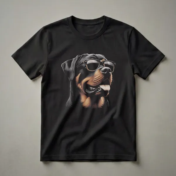 Black t-shirt featuring a detailed illustration of a Rottweiler dog wearing black-rimmed sunglasses, with its tongue slightly out.