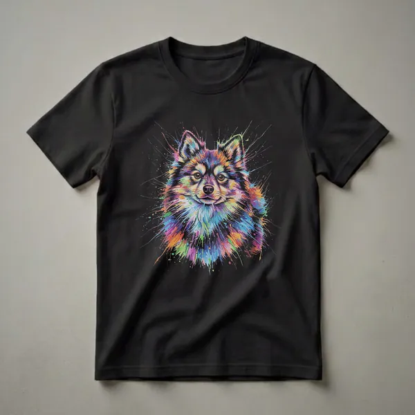 Black t-shirt featuring a colorful watercolor splash art portrait of a Pomsky dog's face with vibrant paint splatters in blue, pink, orange, yellow, and green.