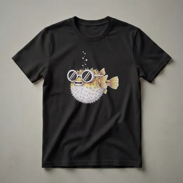 Yellow and orange pufferfish wearing white-rimmed sunglasses, with bubbles rising above its head, rendered in a colored pencil drawing style on a black background.