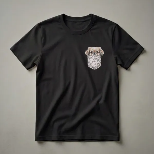 White graphic t-shirt featuring a drawing of a light brown Pekingese dog peeking out of a pocket patterned with white dog bones.
