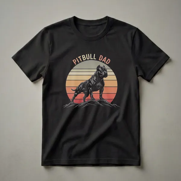 Black pitbull dog standing on rocks with a retro sunset graphic and 'Pitbull Dad' text above, on a black t-shirt.