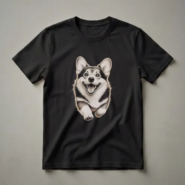 Black t-shirt featuring a detailed, monochromatic drawing of a happy Pembroke Welsh Corgi running with its tongue out and ears up, set against a black background.