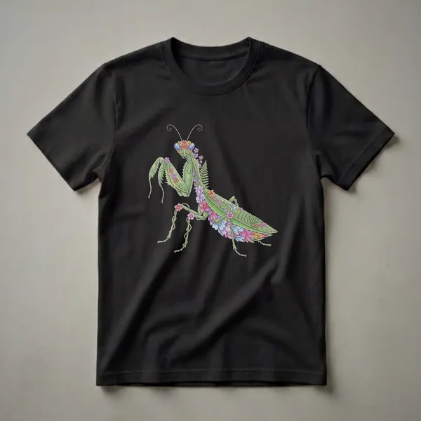 A green praying mantis adorned with colorful flowers and ferns, depicted in a detailed drawing style on a black background.