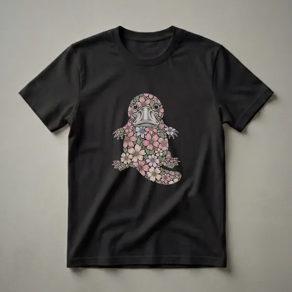 A black t-shirt featuring a platypus silhouette filled with a vintage-style floral pattern in pink, purple, yellow, and green.