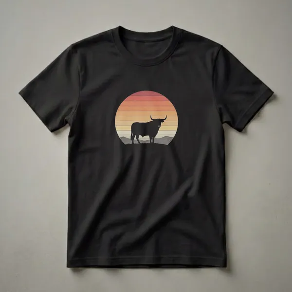 Black silhouette of a bull standing on a grassy hill against a striped sunset with rolling hills in the background, on a black t-shirt.