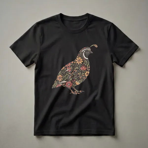 Black t-shirt featuring a detailed illustration of a quail filled with a vintage floral pattern in shades of orange, red, and green.