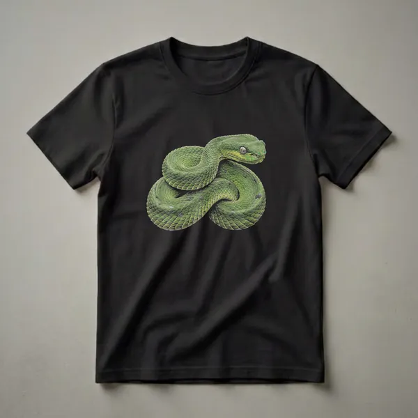 A detailed drawing of a coiled green viper snake with textured scales and bright eyes, presented on a black background.