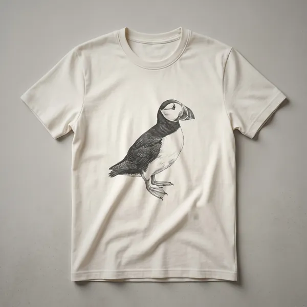 A black and white line drawing of a puffin bird, showcasing its distinctive beak and feathered body, presented on a dark garment.