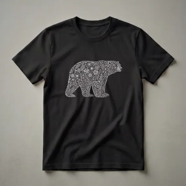 Black t-shirt featuring a white line drawing of a polar bear filled with intricate floral and leaf patterns.