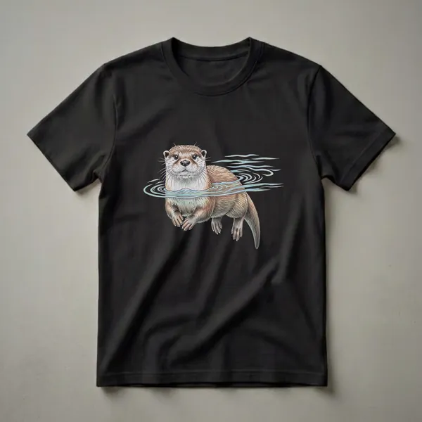 Black t-shirt featuring a vintage-style drawing of a brown otter swimming in blue and green water with ripples.
