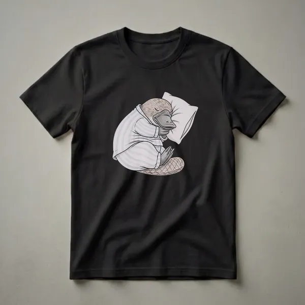 White t-shirt with a drawing of a platypus wearing blue and white striped pajamas, sleeping on a light grey pillow, with a black background.