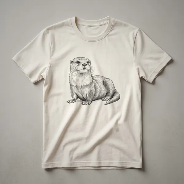 A black and white line drawing of an otter sitting on a dark background, depicted on a t-shirt.