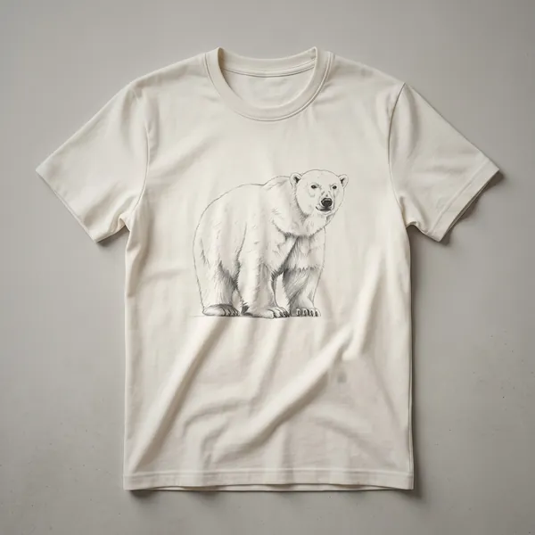 Black and white vintage line drawing of a standing polar bear on a t-shirt, showcasing its powerful build and Arctic habitat.