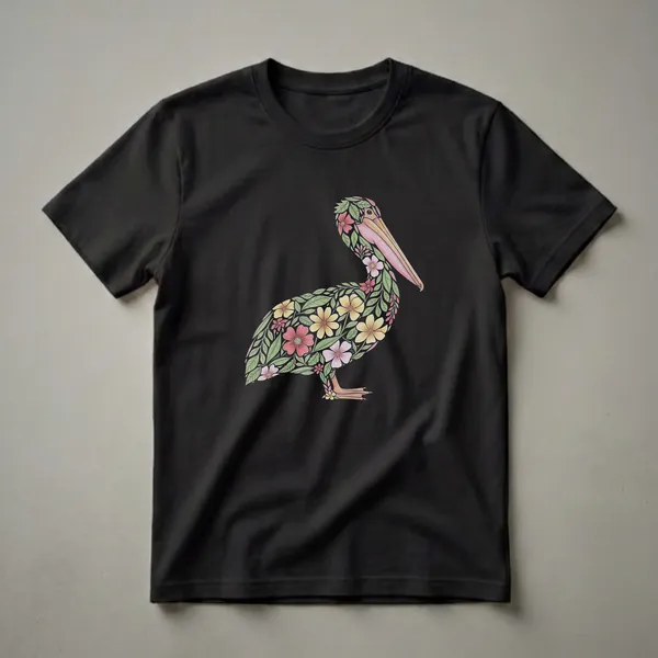 A black t-shirt featuring a pelican illustration composed of colorful flowers and green leaves, rendered in a watercolor style.