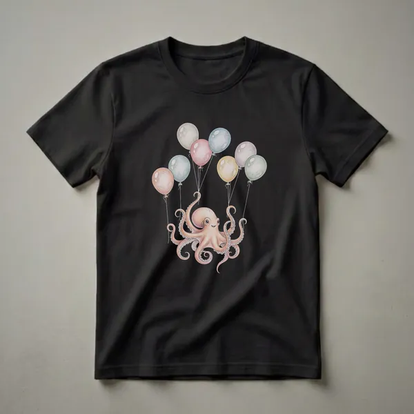 A light-colored t-shirt featuring a hand-drawn illustration of a smiling orange octopus holding a bunch of pastel-colored balloons against a black background.