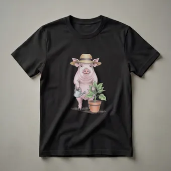 Charming Pig Gardener Straw Hat Drawing T-Shirt for Animal Lovers