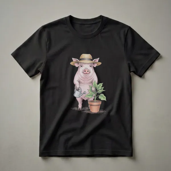 Pink pig wearing a straw hat and holding a watering can, tending to a potted green plant, rendered in a colored pencil drawing style on a black background.