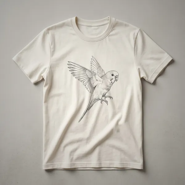 Black line drawing of a parakeet with wings spread in flight, on a black t-shirt.