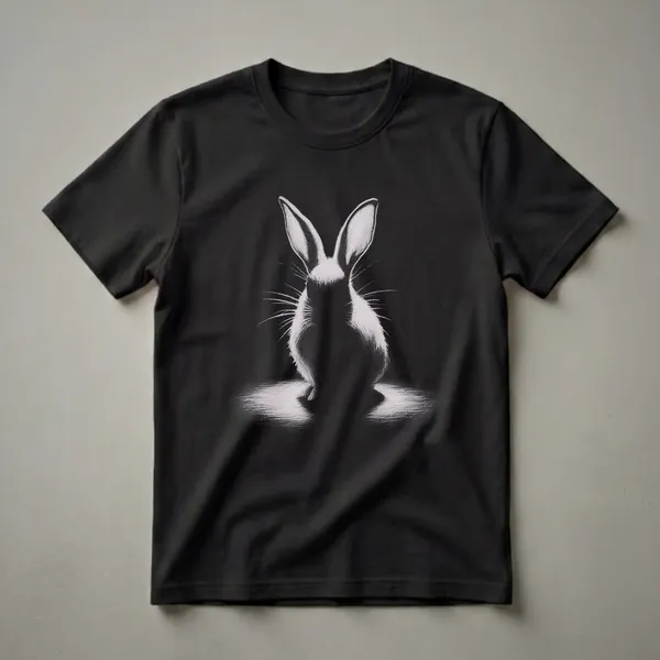 Black t-shirt with a white stippled drawing of a rabbit facing forward, featuring large ears and whiskers, set against a black background with a light shadow effect.