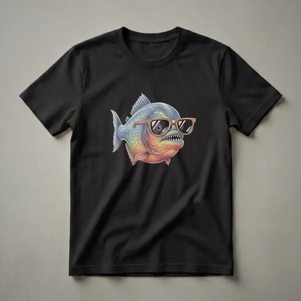 A blue and orange piranha wearing orange-framed sunglasses, depicted in a colored pencil drawing style on a black background.