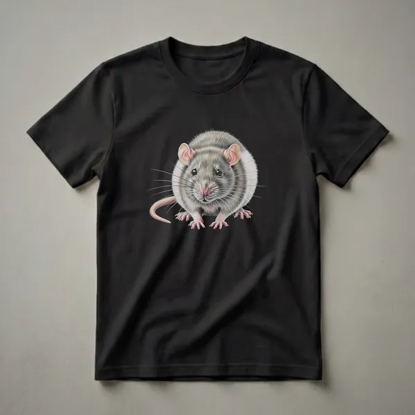 A detailed drawing of a rat with grey and white fur, pink ears, and long whiskers, presented on a black t-shirt.