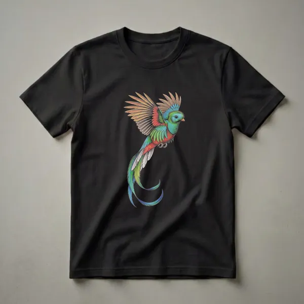 Black t-shirt featuring a detailed drawing of a Resplendent Quetzal bird in flight, with vibrant green, blue, red, and orange feathers and long tail plumes.