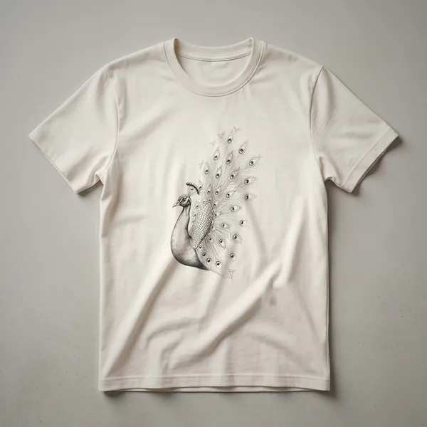 Black t-shirt with a vintage line drawing of a peacock displaying its fanned tail feathers, rendered in white outline.