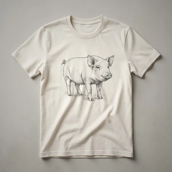 A black t-shirt featuring a white line drawing of a pig standing in profile, with a vintage art style.