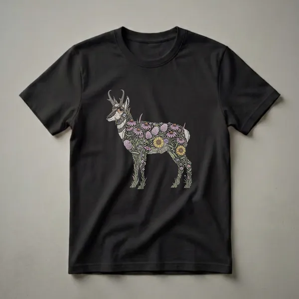 Black t-shirt featuring a detailed line drawing of a pronghorn antelope filled with various wildflowers and grasses, including pink coneflowers, yellow sunflowers, and purple lavender.