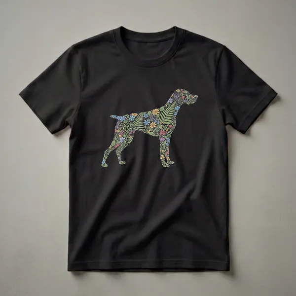 Black t-shirt featuring a silhouette of a German Shorthaired Pointer filled with a colorful watercolor pattern of flowers and ferns.